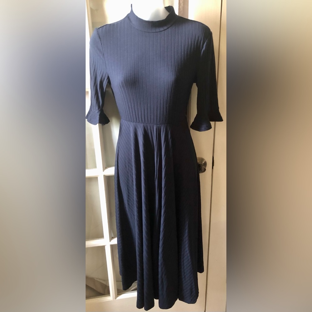 Womens 3/4 bell sleeve mock collar ribbed navy blue flowy midi dress